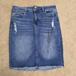 !iT Jeans Midi Denim Skirt Women 12 Blue Stretch Distressed Tatiana Classic